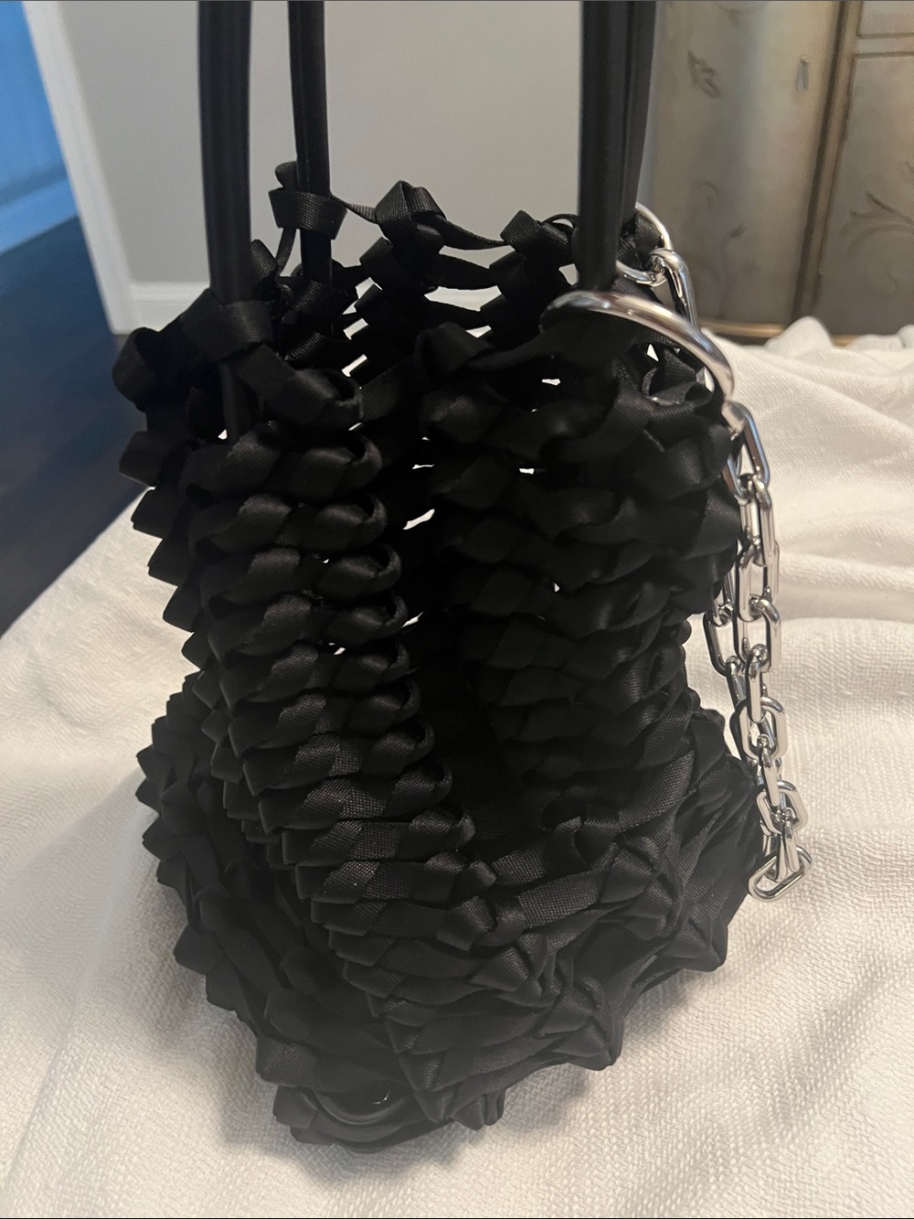 Alexander Wang Black Woven Ribbon Bucket Bag with Silver Chain Accent